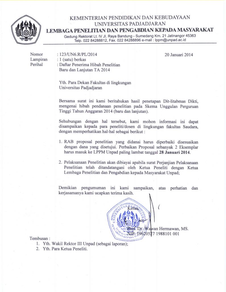 Surat Pemberitahuan Penerima Hibah Penelitian Baru dan Lanjutan TA 2014