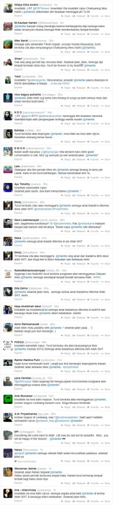 Ucapan duka di twitter untuk Chahayaning Meis Irianti *