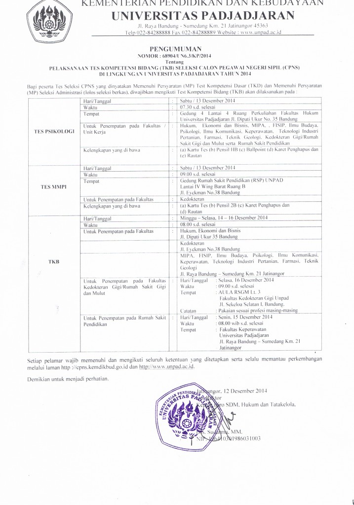 Pengumuman Pelaksanaan TKB Seleksi CPNS Unpad 2014
