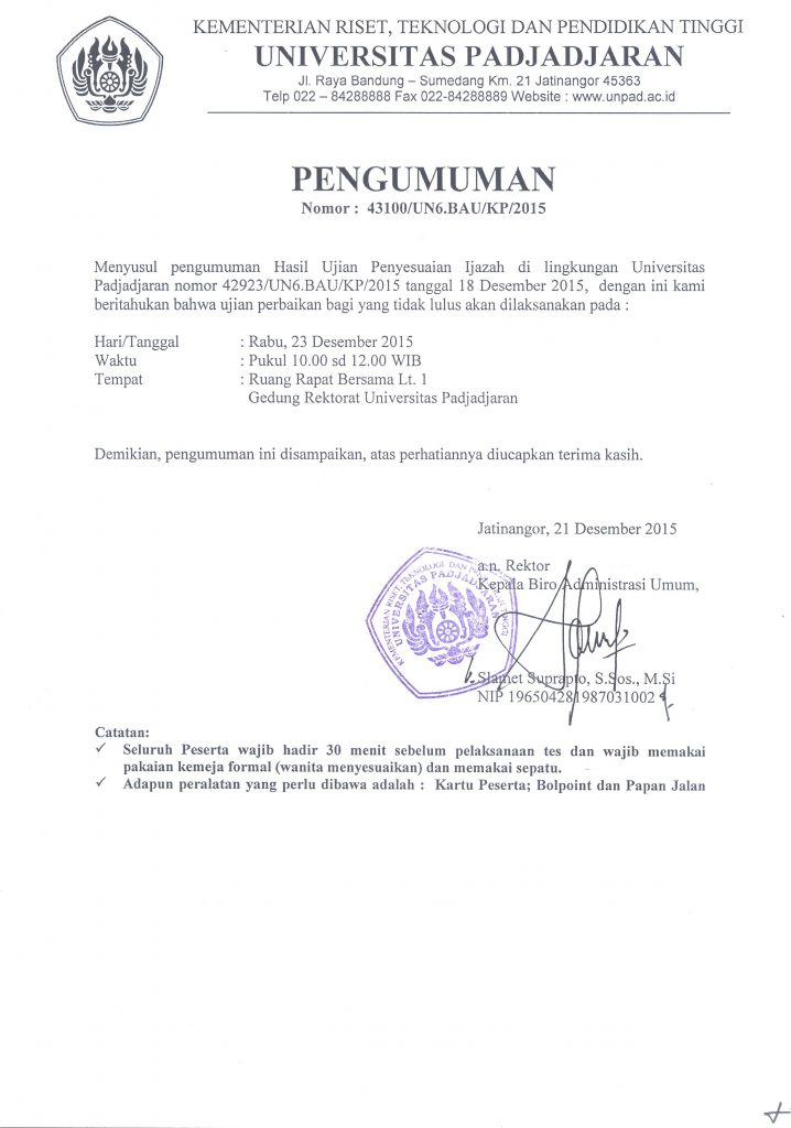 Pengumuman susulan ujian PI - hal 1