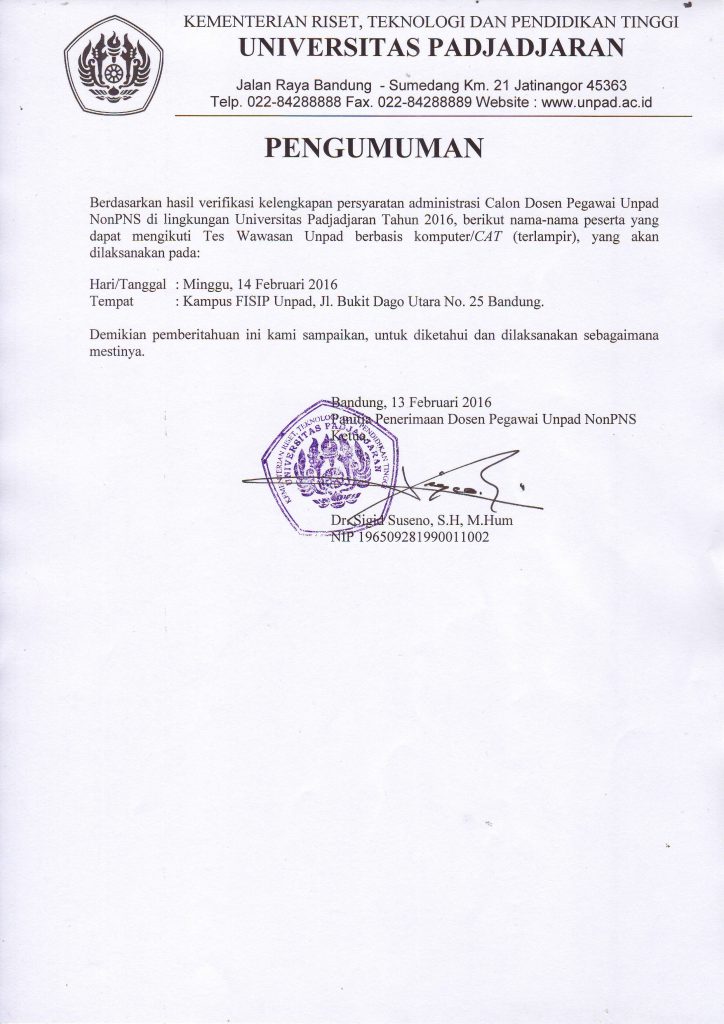 Pengumuman Dosen NonPNS-CAT-H1