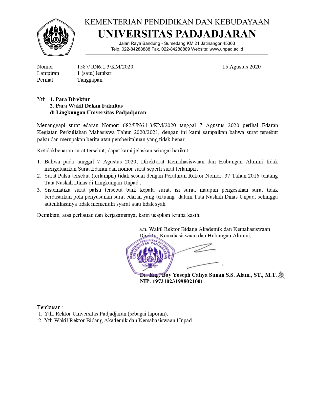 Klarifikasi Perihal Surat Edaran Unpad Nomor 682 Un6 1 3 Km 2020 Universitas Padjadjaran